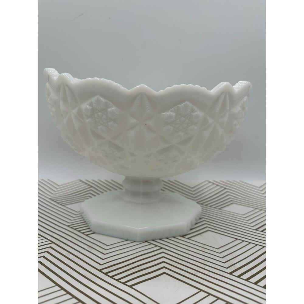 VTG Milk Glass Toltec Pattern Pedestal Fruit Bowl Center Piece